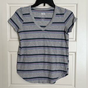 SO Women's Gray Striped V-Neck Tee